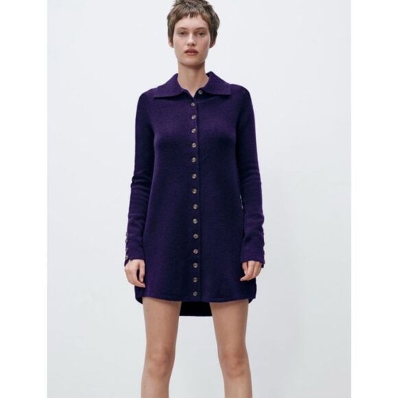 Zara purple eggplant polo collar knit mini dress size L Large sweater - Picture 1 of 6